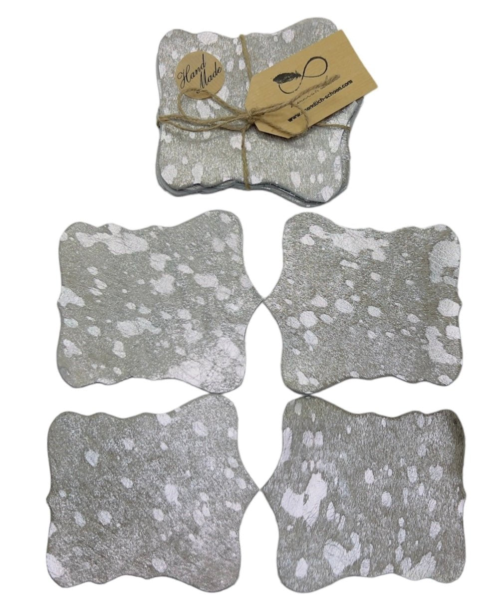 Echte Kuhfell Glasuntersetzer " Die glänzende Schönheit" edel schlicht, pflegeleicht, rustikal silber metallic Effekt 13cm Ø - unendlich - schoen