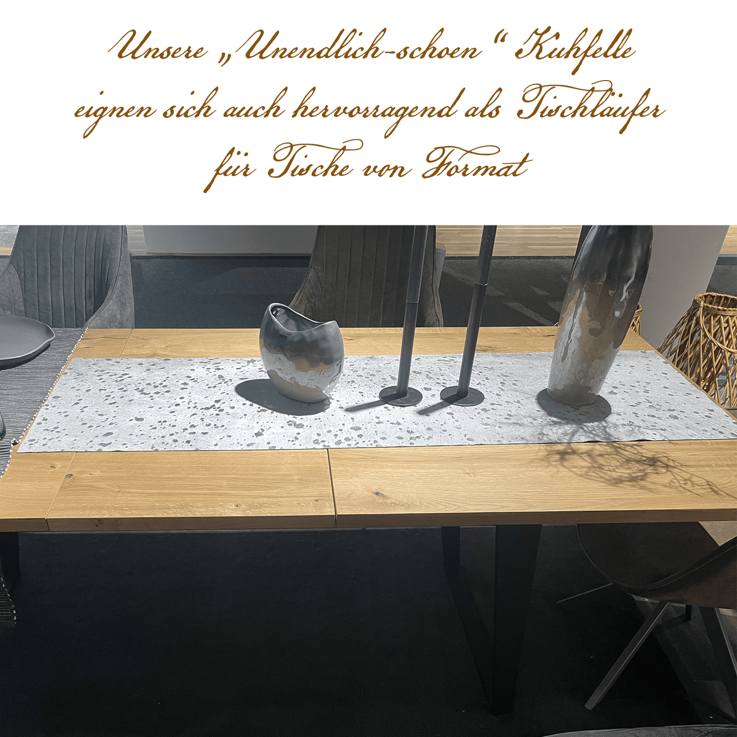 Echter Kuhfell Teppich gerade klein "Die glänzende Schönheit" made in Germany, geruchsneutral, Rinderfell ideal für Wohnzimmer Esszimmer Flur, modern silber sparkle metallic 150x46cm / 120x40cm - unendlich - schoen