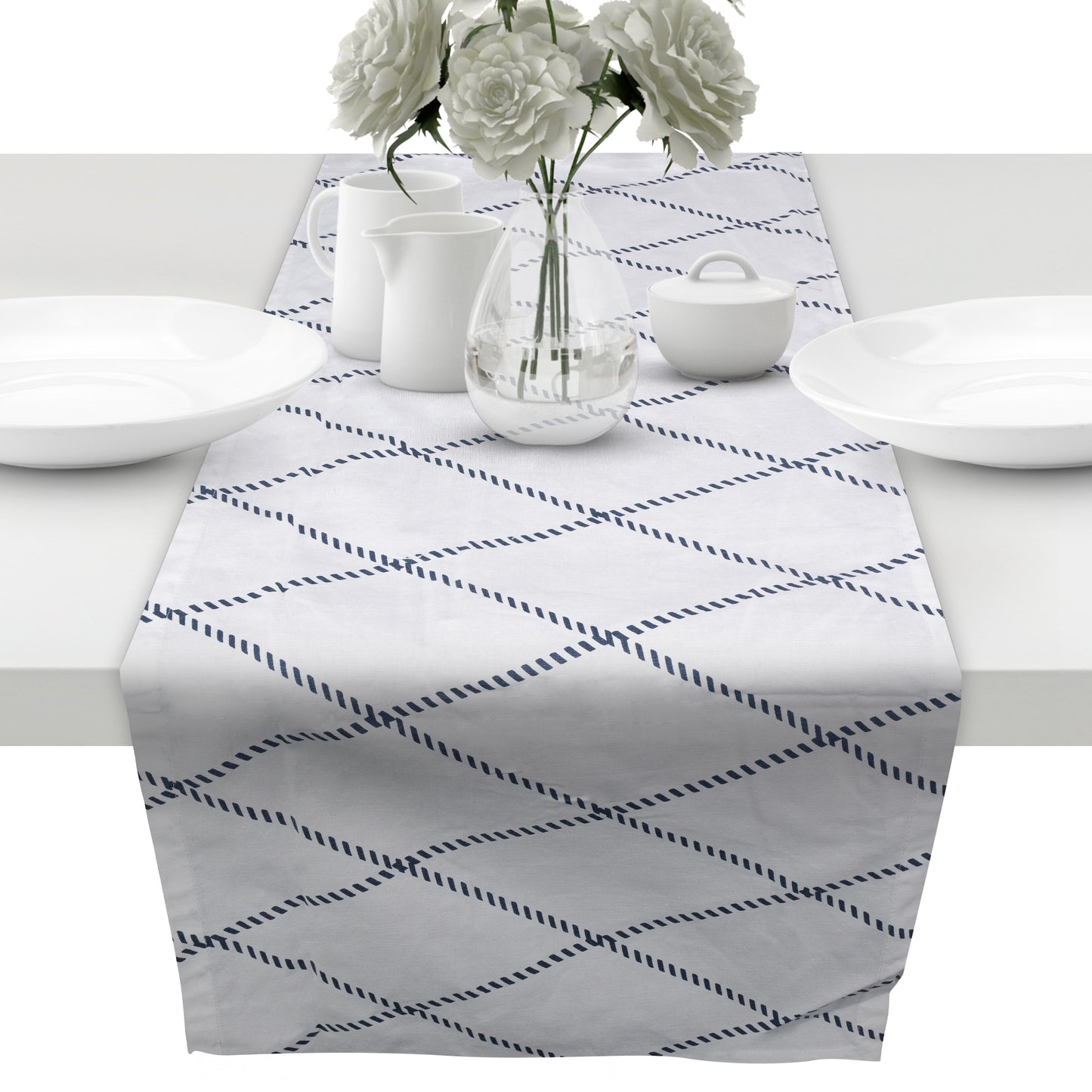Tischläufer aus 100% Baumwolle in Bester Qualität, Tischdecke für Esstisch Wohnzimmer (weißblau Raute, 43 x 160 cm)