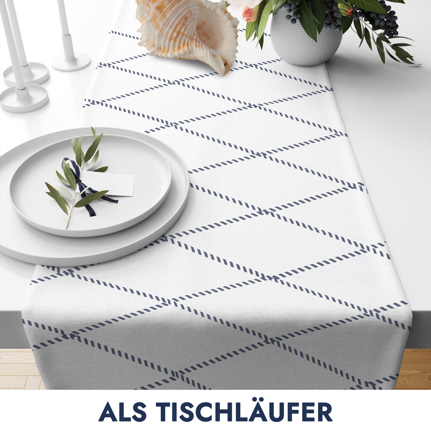 Kopie von unendlich schoen - Tischläufer aus 100% Baumwolle in Bester Qualität, Tischdecke für Esstisch Wohnzimmer (weißblau Raute, 43 x 160 cm)