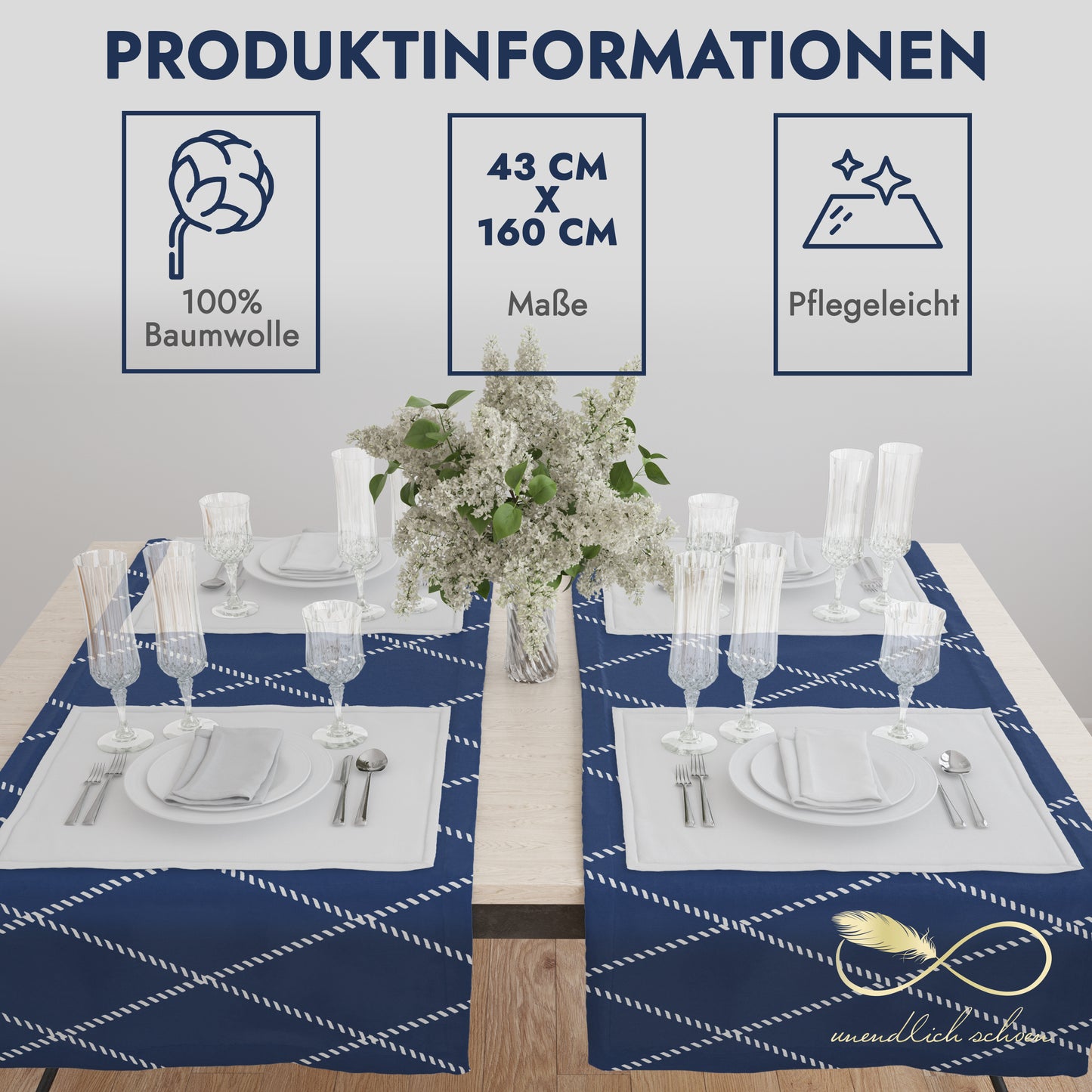 Tischläufer aus 100% Baumwolle in Bester Qualität, Tischdecke für Esstisch Wohnzimmer (blauweiß Raute, 43 x 160 cm)