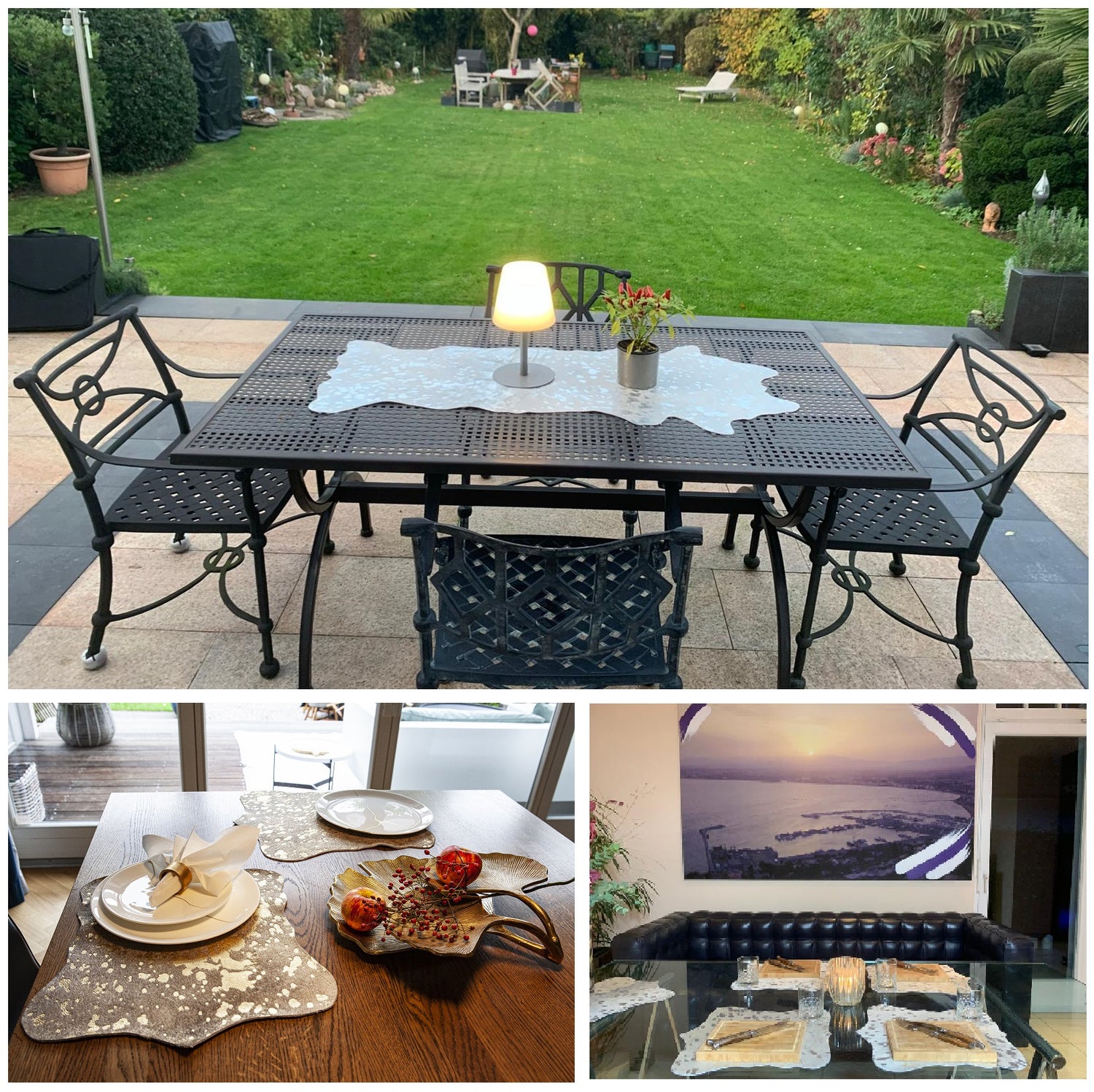 silbernes Kuhfell auf Terasse als Tischläufer & elegantes Tischset Rinderfell