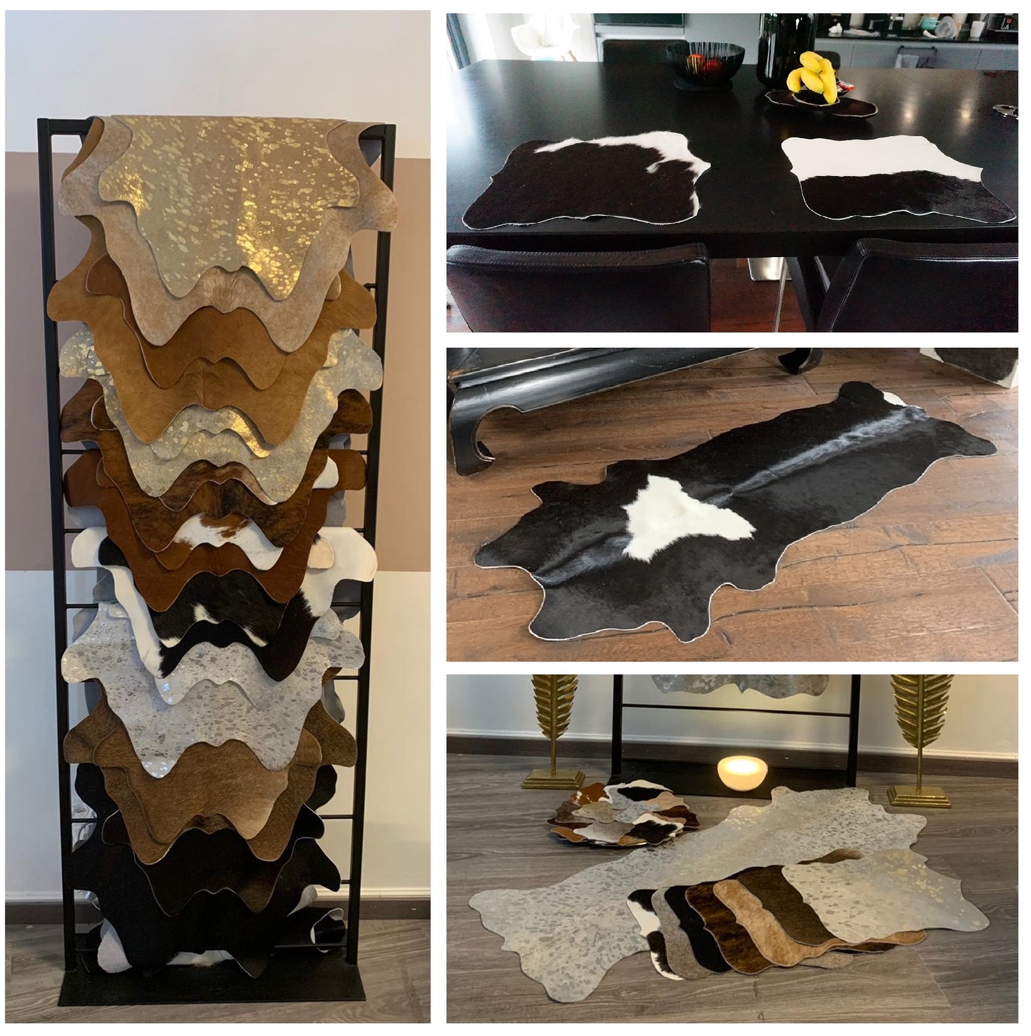 Kuhfelle alle Farben auf Ständer, schwarzweiße Platssets, Rinderfell als Deko