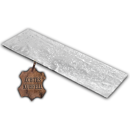 Echter Kuhfell Teppich gerade klein "Die glänzende Schönheit" made in Germany, geruchsneutral, Rinderfell ideal für Wohnzimmer Esszimmer Flur, modern silber sparkle metallic 150x46cm / 120x40cm