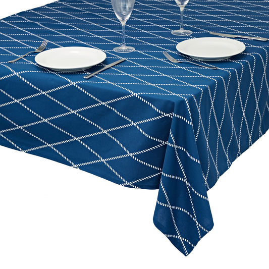 Tischdecke aus 100% Baumwolle, Beste Qualität in modernem Design, Maritim-Hanseatischer Look mit Kordelmuster, faltenfreies Fallen (140 x180 cm / 140 x 220 cm. blau-weiss)