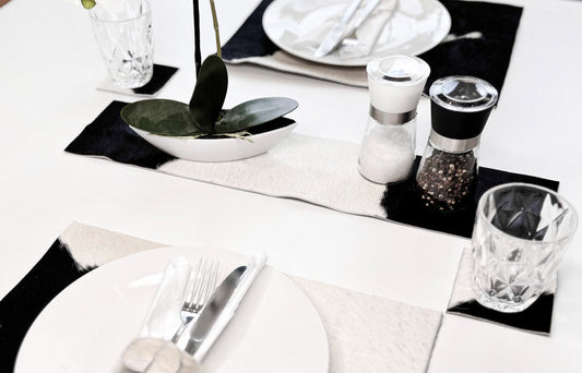 Echt Kuhfell Tischläufer "Die klassische Schönheit" eckig Wohnzimmer Esstisch, modern schwarz/weiss 15x 50 cm - unendlich - schoen