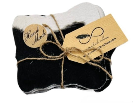 Echte Kuhfell Glasuntersetzer " Die klassische Schönheit" edel schlicht, pflegeleicht, rustikal schwarz weiss 13cm Ø - unendlich - schoen