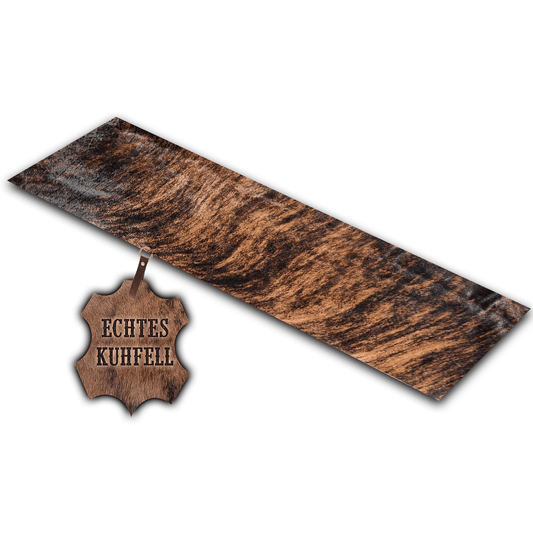Echter Kuhfell Teppich gerade klein "Die exotische Schönheit" Handmade in Germany, geruchsneutral, Rinderfell ideal für Wohnzimmer Esszimmer Flur, braun gestromt, getigert 150x46cm /120x40cm - unendlich - schoen