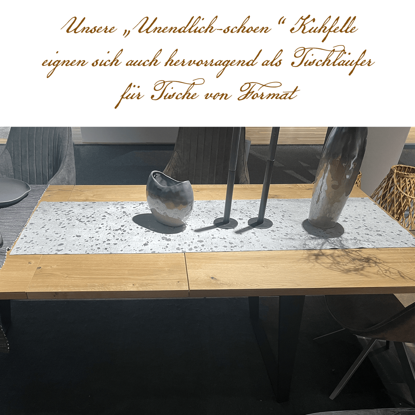 Echter Kuhfell Teppich gerade klein "Die glänzende Schönheit" made in Germany, geruchsneutral, Rinderfell ideal für Wohnzimmer Esszimmer Flur, modern silber sparkle metallic 150x46cm / 120x40cm - unendlich - schoen