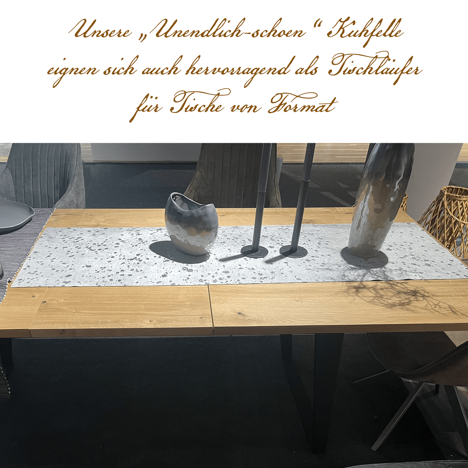 Echter Kuhfell Teppich gerade klein "Die glänzende Schönheit" made in Germany, geruchsneutral, Rinderfell ideal für Wohnzimmer Esszimmer Flur, modern silber sparkle metallic 150x46cm / 120x40cm - unendlich - schoen