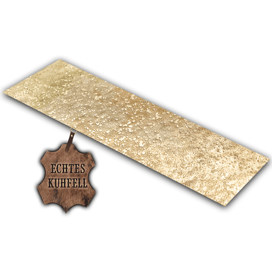 Echter Kuhfell Teppich gerade klein "Die luxeriöse Schönheit" made in Germ any, geruchsneutral, Rinderfell ideal für Wohnzimmer Esszimmer Flur, modern gold sparkle metallic 150x46cm/120x40cm - unendlich - schoen
