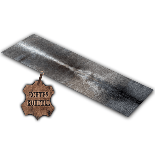 Echter Kuhfell Teppich gerade klein "Die moderne Schönheit" Handmade in Germany, Läufer für Wohnzimmer Flur Eingangsbereich, Rinderfell für kleinere Flächen, modern taupe grau 150x46cm / 120x40cm - unendlich - schoen