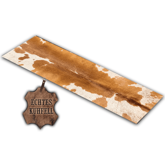 Echter Kuhfell Teppich gerade klein "Die rustikale Schönheit" Handmade in Germany, geruchsneutral, Rinderfell ideal für Wohnzimmer Esszimmer Flur, modern braun weiß 150x46cm / 120x40cm - unendlich - schoen