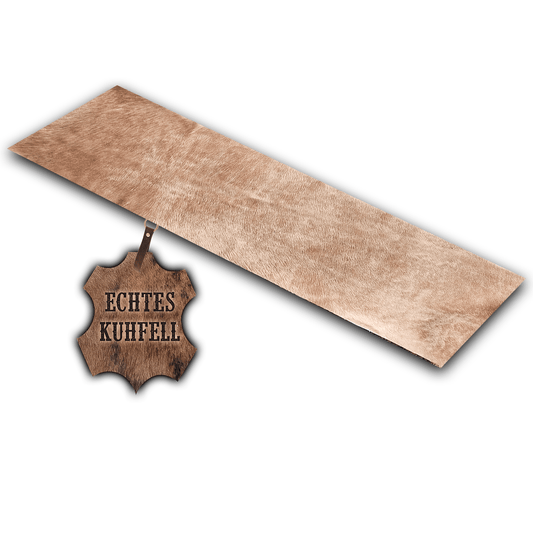 Echter Kuhfell Teppich gerade klein "Die warme Schönheit" Handmade in Germany, Läufer für Wohnzimmer Flur Eingangsbereich, Rinderfell für kleinere Flächen, modern taupe braun 150x46cm / 120x40cm - unendlich - schoen