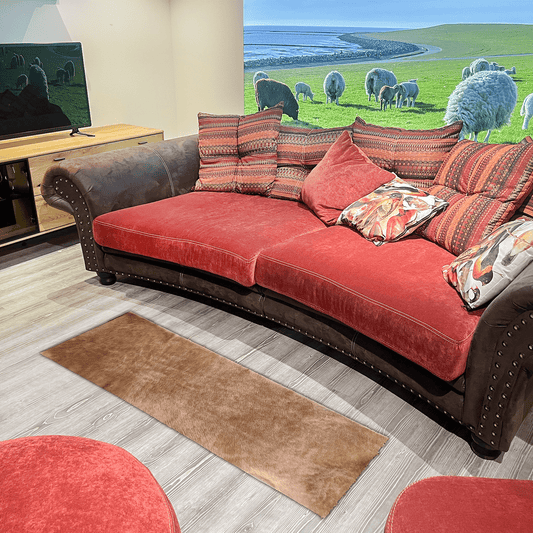 Echter Kuhfell Teppich gerade klein "Die warme Schönheit" Handmade in Germany, Läufer für Wohnzimmer Flur Eingangsbereich, Rinderfell für kleinere Flächen, modern taupe braun 150x46cm / 120x40cm - unendlich - schoen