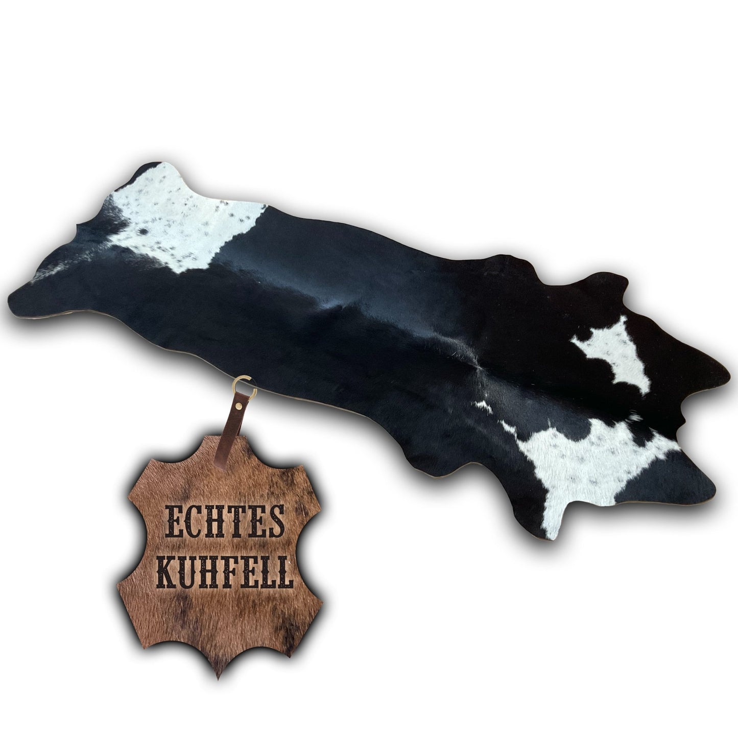 Echter Kuhfell Teppich klein "Die klassische Schönheit" Handmade in Germany, geruchsneutral, Rinderfell ideal für Wohnzimmer Esszimmer Flur, rustikal schwarz weiss 160x70cm / 120x55cm - unendlich - schoen