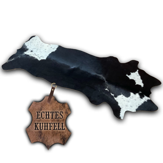 Echter Kuhfell Teppich klein "Die klassische Schönheit" Handmade in Germany, geruchsneutral, Rinderfell ideal für Wohnzimmer Esszimmer Flur, rustikal schwarz weiss 160x70cm / 120x55cm - unendlich - schoen