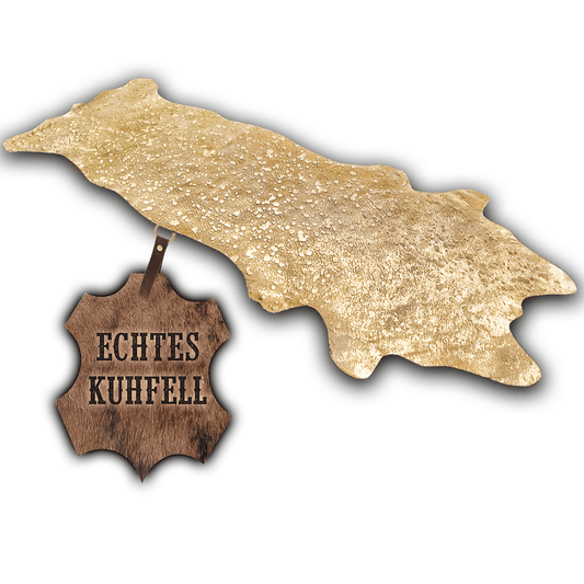 Echter Kuhfell Teppich klein "Die luxeriöse Schönheit" made in Germany, geruchsneutral, Rinderfell ideal für Wohnzimmer Esszimmer Flur, rustikal gold sparkle metallic 160x70cm /120x55cm - unendlich - schoen