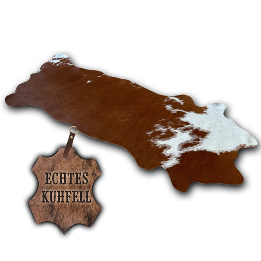 Echter Kuhfell Teppich klein "Die rustikale Schönheit" Handmade in Germany, geruchsneutral, Rinderfell ideal für Wohnzimmer Esszimmer Flur, rustikal braun weiß 160x70cm / 120x55cm - unendlich - schoen