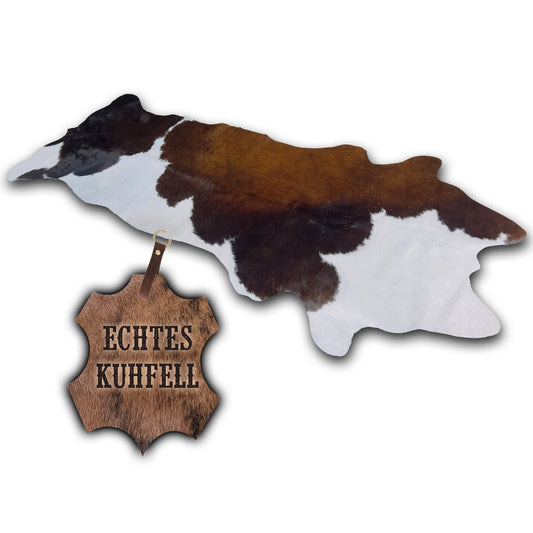 Echter Kuhfell Teppich klein, "Die wandelbare Schönheit" Handmade in Germany, Läufer für Wohnzimmer Flur Eingangsbereich, Rinderfell für kleinere Flächen Weiss Tricolore 160x70cm / 120x55 cm - unendlich - schoen