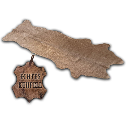 Echter Kuhfell Teppich klein "Die warme Schönheit" Handmade in Germany, Läufer für Wohnzimmer Flur Eingangsbereich, Rinderfell für kleinere Flächen, rustikal taupe braun 160x70cm / 120 x 55cm - unendlich - schoen