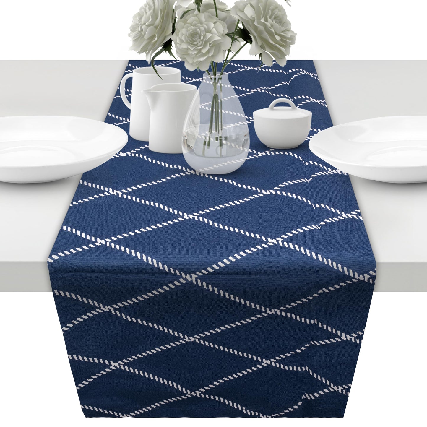 unendlich schoen - Tischläufer aus 100% Baumwolle in Bester Qualität, Tischdecke für Esstisch Wohnzimmer (blauweiß Raute, 43 x 160 cm)