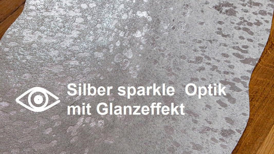 Echter Kuhfell Teppich gerade klein "Die glänzende Schönheit" made in Germany, geruchsneutral, Rinderfell ideal für Wohnzimmer Esszimmer Flur, modern silber sparkle metallic 150x46cm / 120x40cm - unendlich - schoen