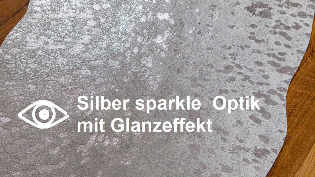 Echter Kuhfell Teppich gerade klein "Die glänzende Schönheit" made in Germany, geruchsneutral, Rinderfell ideal für Wohnzimmer Esszimmer Flur, modern silber sparkle metallic 150x46cm / 120x40cm - unendlich - schoen