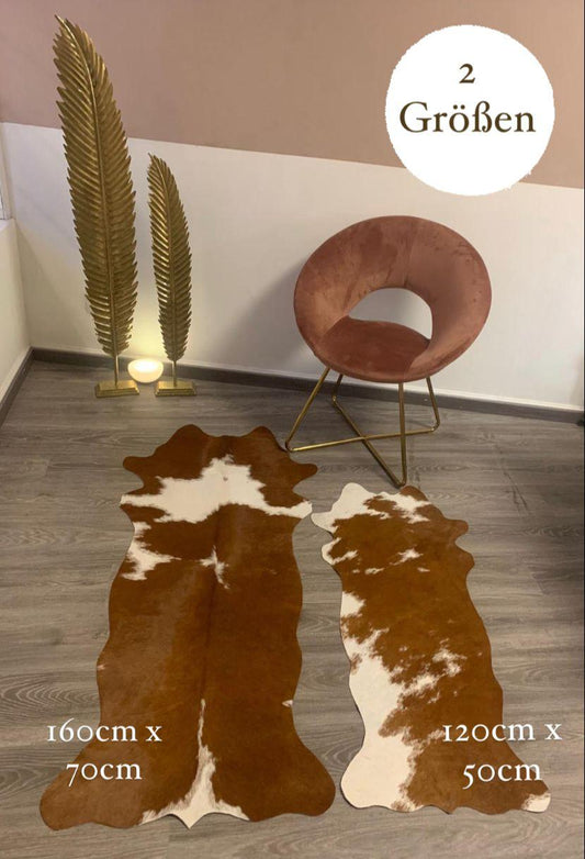 Echter Kuhfell Teppich klein "Die rustikale Schönheit" Handmade in Germany, geruchsneutral, Rinderfell ideal für Wohnzimmer Esszimmer Flur, rustikal braun weiß 160x70cm / 120x55cm - unendlich - schoen